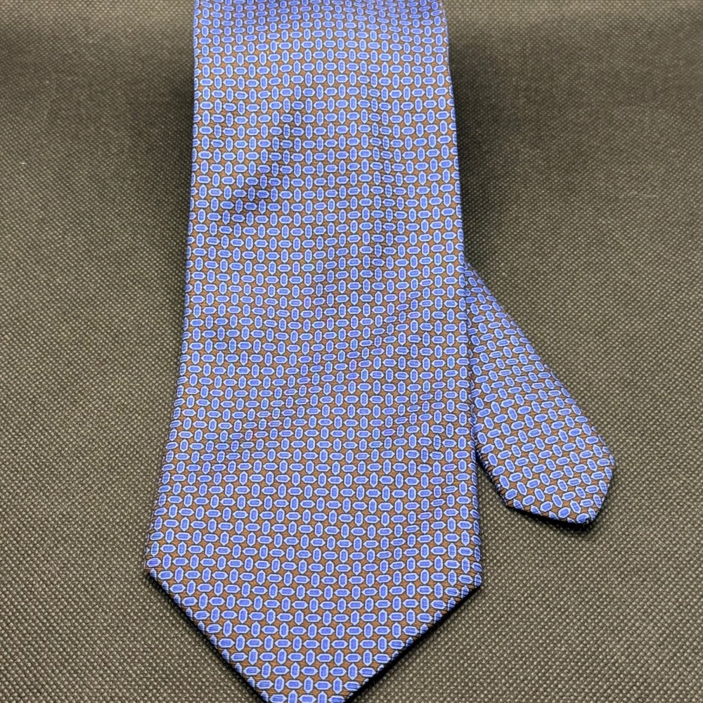 Vintage Brooks Brothers Makers Blue Geometric Pattern Silk Tie 4" x 58" USA Made - Picture 2 of 4